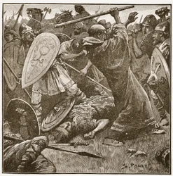 El Rey-monje cayó en la derrota de sus antiguos súbditos de Anglia Oriental, ilustración de 